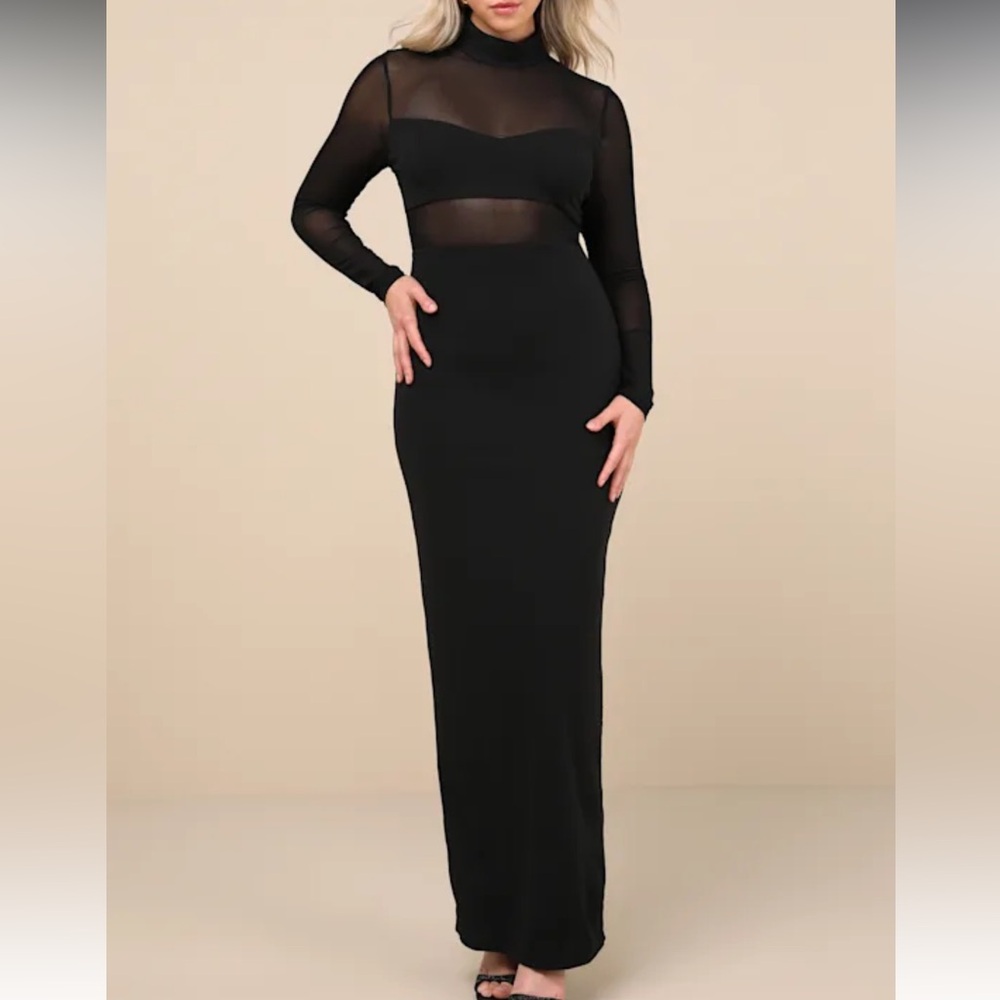 Black Sheer-Panel Long Sleeve Maxi Dress